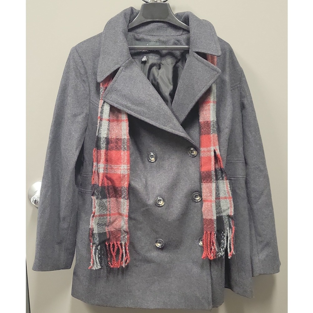 London Fog Womens 1X Gray Wool Blend Pea Coat with Plaid Scarf Double Breasted